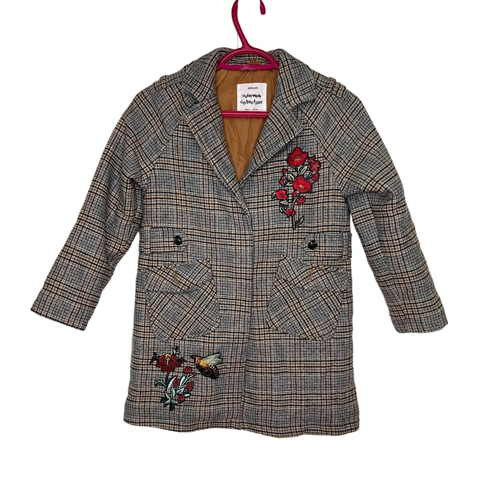 ZARA Girls Plaid Embroidered Coat | Floral & Bee Patch | Jacket  Size 9